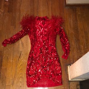 Red sequin feather dress